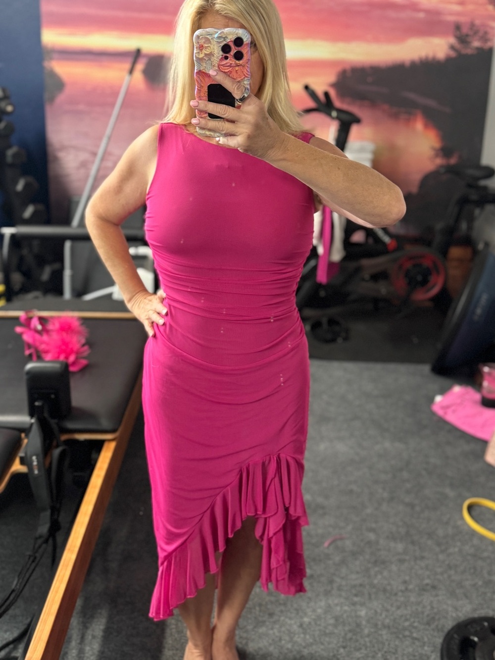 Sleeveless Midi Dress in Bright Pink with Ruffle Hem